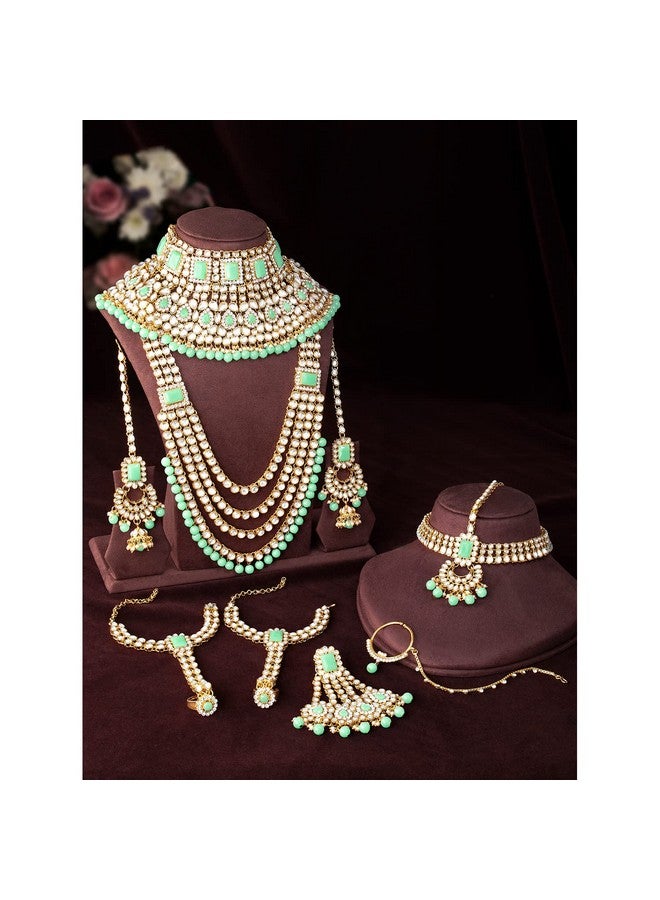 Peora Ethnic Indian Traditional Gold Plated Kundan Dulhan Bridal Jewellery Set with Choker Earrings Maang Tikka Hathphool for Women (Mint) - Image 4