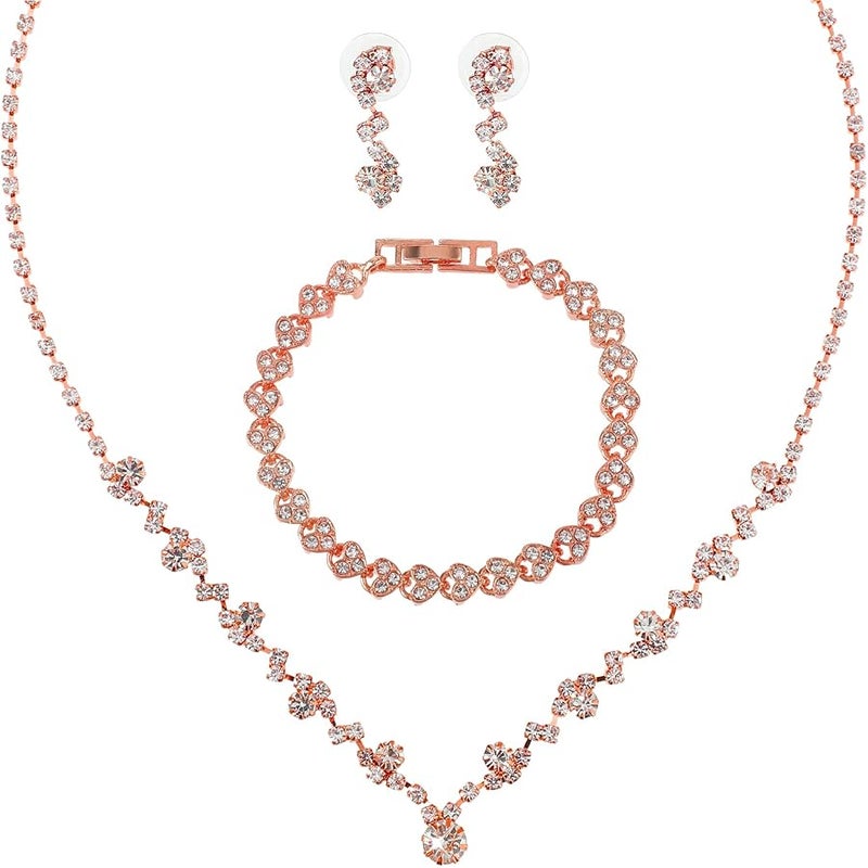 Yolev Bridal Wedding Jewelry Set Rhinestone Include Necklace Earrings Bracelet Brides Bridesmaid Prom Costume for Women - Image 1