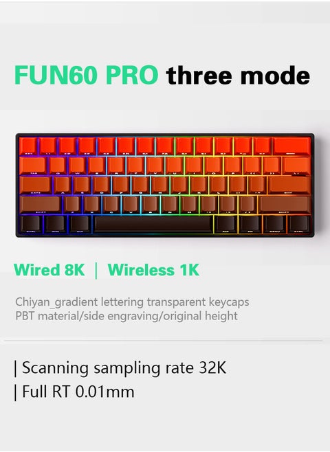لوحة مفاتيح ألعاب MONSGEEK FUN60 Pro سريعة التشغيل بدقة 8K ومفتاح مغناطيسي ولوحة مفاتيح HE سلكية مع لمعان متدرج بنسبة 60% من لهب أحمر