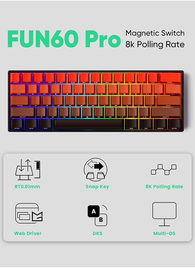 لوحة مفاتيح ألعاب MONSGEEK FUN60 Pro سريعة التشغيل بدقة 8K ومفتاح مغناطيسي ولوحة مفاتيح HE سلكية مع لمعان متدرج بنسبة 60% من لهب أحمر