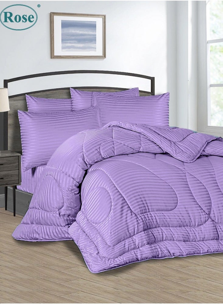 Rose ROSE Luxurious Striped Hotel Comforter, Premium Microfiber, Set of 6 pieces, Soft Lightweight, King size 260x240 cm, Lilac Purple  - Image 1