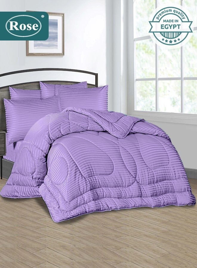 روز طقم مفرش فندقي مزدوج بحشوة ثابتة, مايكروفايبر فاخر, 6 قطع, يناسب سرير 200×200 سم مقاس نفرين كينج, تصميم مقلم فندقي، ليلك - Image 1