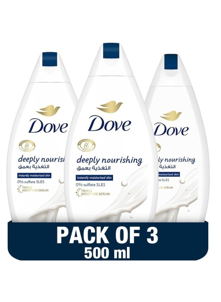دوف DOVE Deeply Nourishing Body Wash, for instant moisturising, Original, No Sulfates or Parabens, 500ml x 3 - Image 1