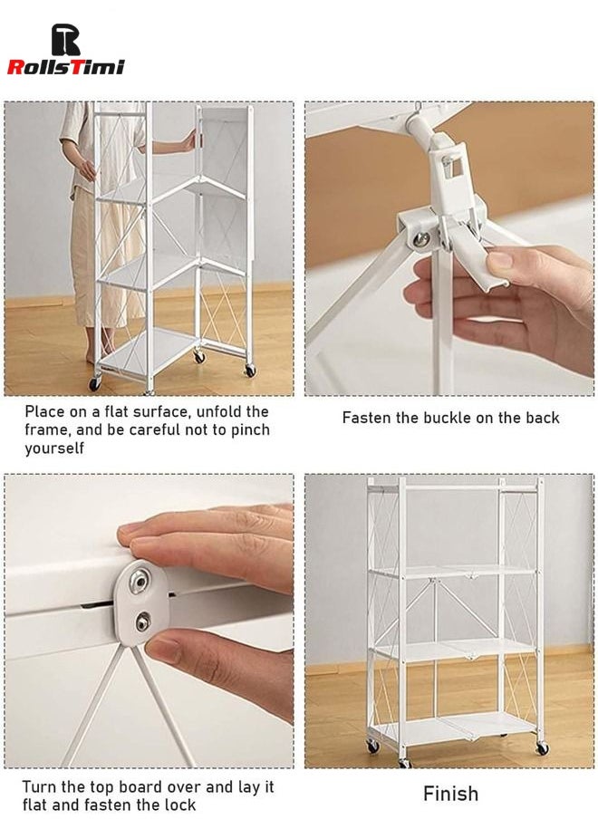 RollsTimi  4-Shelf Foldable Storage Shelves with Wheels Large Capacity Shelving Unit Freestanding Metal Wire Shelf Rack No Assembly Organizer Rack, White  - Image 4