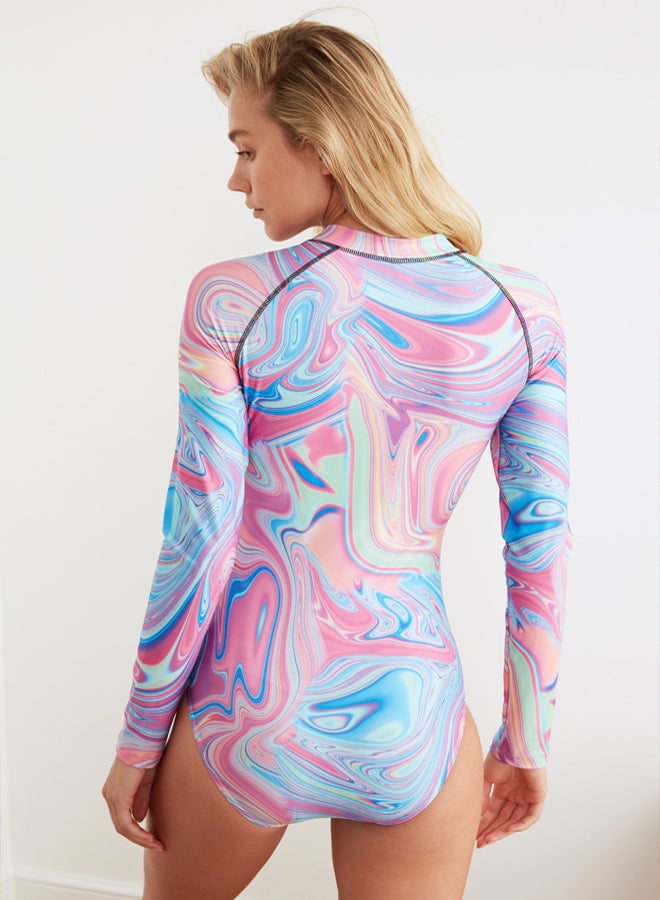 trendyol Abstract Pattern Zip Long Sleeve Hipster Surfing Swimsuit  - Image 4