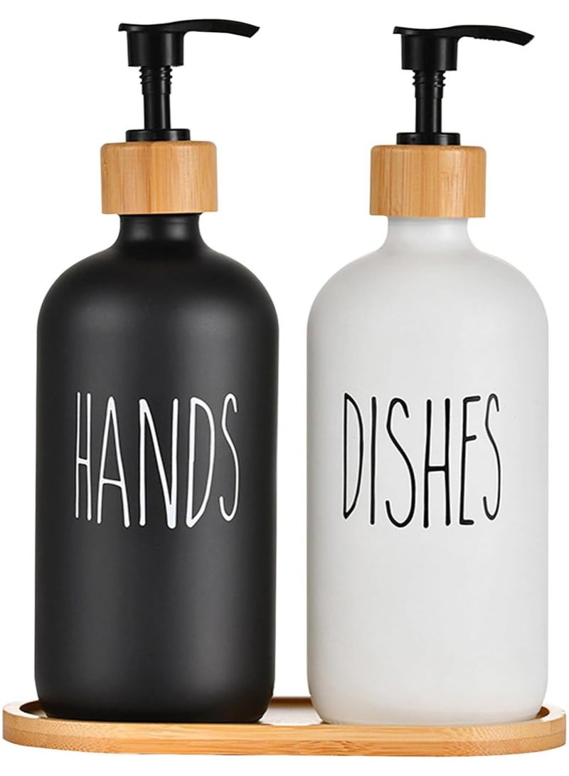 FUFU FUFU Glass Soap Dispenser Set, 2 Pack 500ml Hand and Dish Soap Dispenser Set with Bamboo Tray, Bottle Dispenser for Lotion, Shampoo, Cream, Hand Soap, for Bathroom, Kitchen  - Image 1