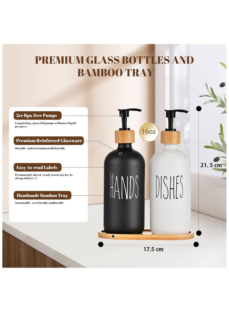 FUFU FUFU Glass Soap Dispenser Set, 2 Pack 500ml Hand and Dish Soap Dispenser Set with Bamboo Tray, Bottle Dispenser for Lotion, Shampoo, Cream, Hand Soap, for Bathroom, Kitchen  - Image 2