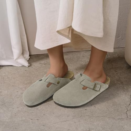 ILLIMITE Suede Clogs for Women Men Cork Footbed Sandals Leather Mules Potato Shoes with Arch Support and Adjustable Buckle Taupe - Image 5