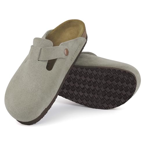 ILLIMITE Suede Clogs for Women Men Cork Footbed Sandals Leather Mules Potato Shoes with Arch Support and Adjustable Buckle Taupe - Image 1