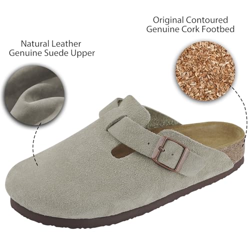 ILLIMITE Suede Clogs for Women Men Cork Footbed Sandals Leather Mules Potato Shoes with Arch Support and Adjustable Buckle Taupe - Image 2