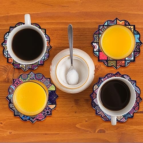 EZYHOME Coaster for Drinks Set of 6, Vintage Ottoman Flower Mexican Mandala Ceramic Stone Mat, with Cork Base and Metal Holder, Gift for Housewarming Room Bar Decor - Image 4