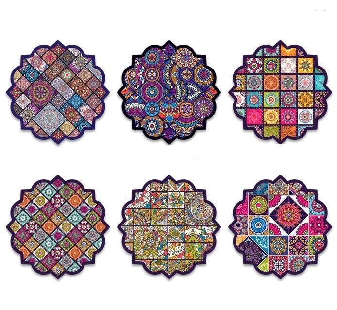 EZYHOME Coaster for Drinks Set of 6, Vintage Ottoman Flower Mexican Mandala Ceramic Stone Mat, with Cork Base and Metal Holder, Gift for Housewarming Room Bar Decor - Image 1
