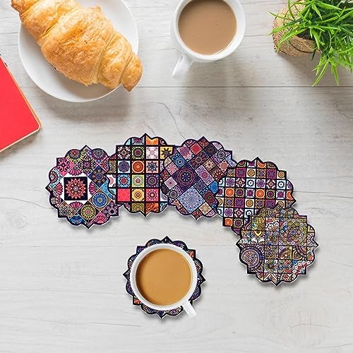 EZYHOME Coaster for Drinks Set of 6, Vintage Ottoman Flower Mexican Mandala Ceramic Stone Mat, with Cork Base and Metal Holder, Gift for Housewarming Room Bar Decor - Image 3