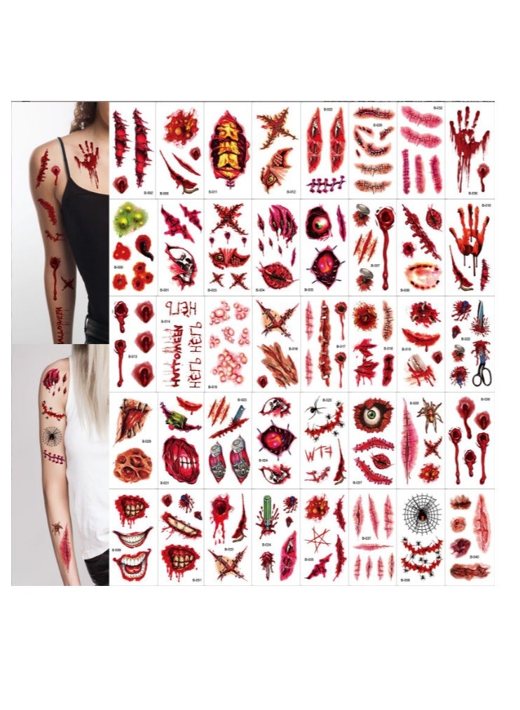 40 Sheets Halloween Zombie Temporary Tattoos, Fake Scars Tattoos, Horror Realistic Wound Stitch Face Body Makeup Sticker, Scar Fake Blood Tattoos for Women Men Kids Halloween Party - Image 1