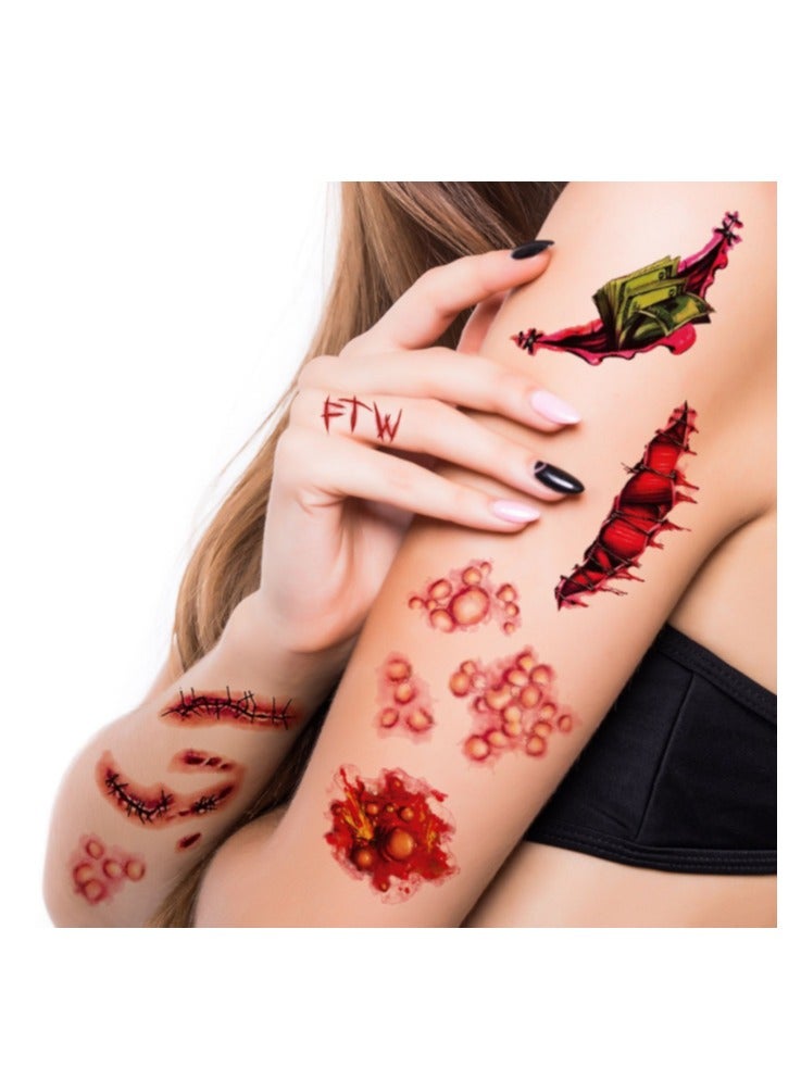 40 Sheets Halloween Zombie Temporary Tattoos, Fake Scars Tattoos, Horror Realistic Wound Stitch Face Body Makeup Sticker, Scar Fake Blood Tattoos for Women Men Kids Halloween Party - Image 2