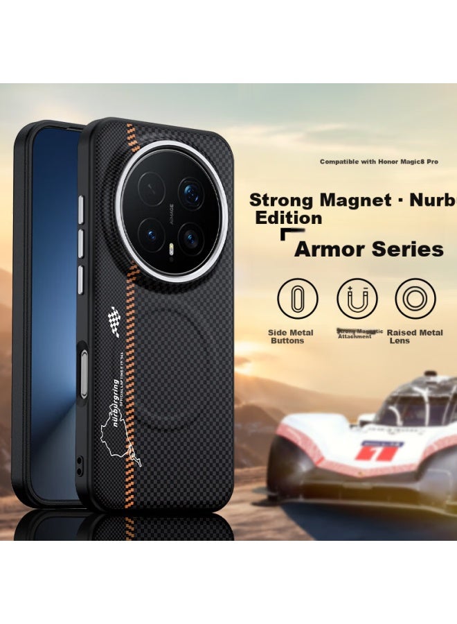 غطاء صلب جلدي معدني رفيع للغاية مع تغطية كاملة ومضاد للصدمات وشحن لاسلكي سريع لهاتف Honor Magic8 Pro - أسود الليل الداكن