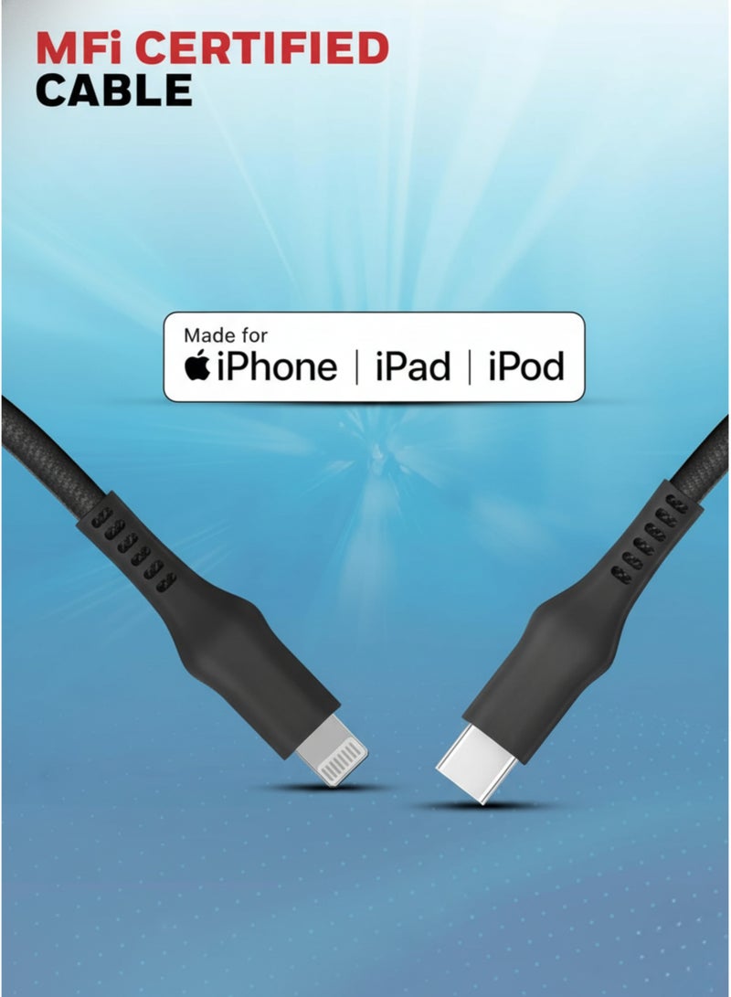 كابل USB-C إلى Lightning بطول 1 متر - شحن سريع بتقنية PD، مضفر من النايلون، مزامنة بيانات بسرعة 480 ميجابت في الثانية، كابل Type-C إلى Lightning لأجهزة iPhone 14 و14 Plus و14 Pro و14 Pro Max وiPhone 13 و13 Pro و12 و11 وXS وSE وiPad 9 (أسود) - Image 2