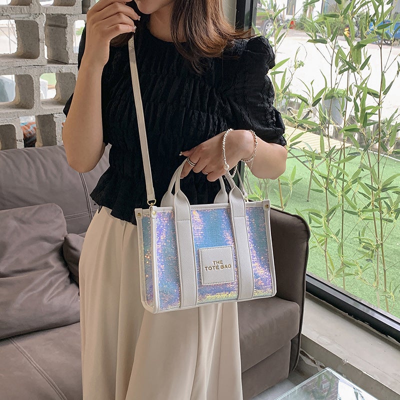 Handbag Women'S 2023 New Letter Small Square Bag Fashion Sequin Tote Bag Texture Shoulder Messenger Bag - Image 3