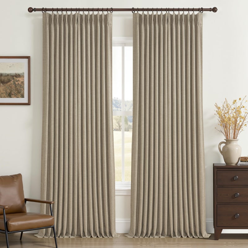 PleatedDrapes ستائر معتمة من الكتان بلون بيج رمادي مزدوج الطبقات، طولها 96 بوصة، مناسبة لغرفة النوم. ستائر نوافذ ريفية معزولة، مطوية بشكل محكم، تحجب الضوء، طولها 40 × 96 بوصة، لونها بني فاتح، قطعتان. - Image 1