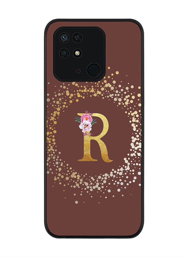 Stylizedd Rugged Black edge case for Redmi 10C 4G  Slim fit Soft Case Flexible Rubber Edges Anti Drop TPU Gel Thin Cover - Custom Monogram Initial Letter Floral Pattern Alphabet - R (Brown ) - Image 1