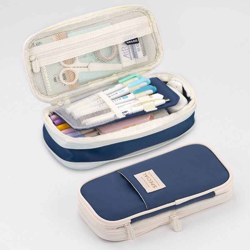 Korean Style Pencil Case Ins Japanese and Korean Style Macaron Color-matching Retractable Large Capacity Upgraded Pencil Case Stationery Case Foreign Trade twill navy blue 