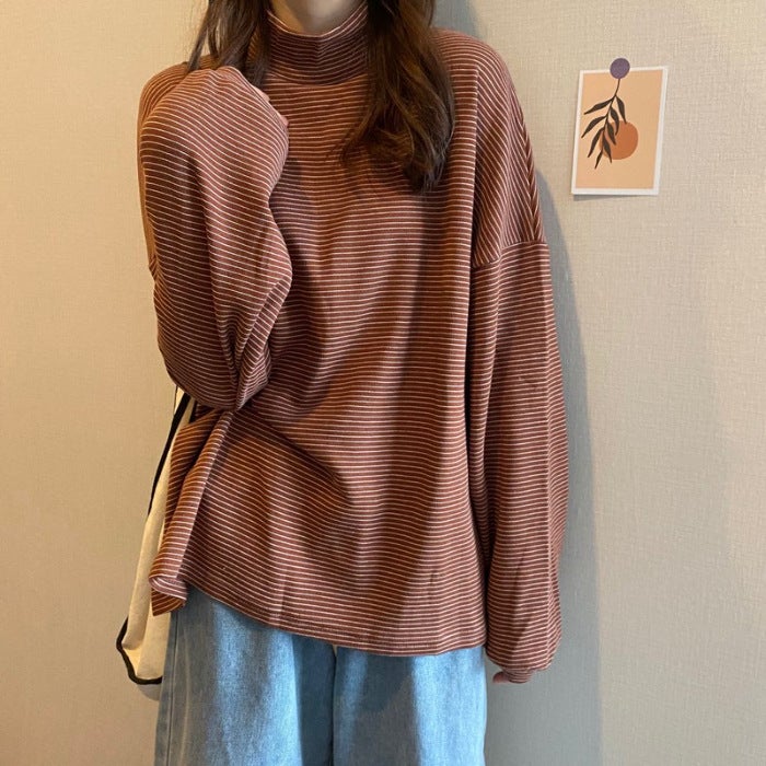 Half-High Collar Loose Striped Thickened Top Outer Wearing Warm Inner Base Shirt Winter Long-Sleeved T-Shirt Women'S Ins - Image 1