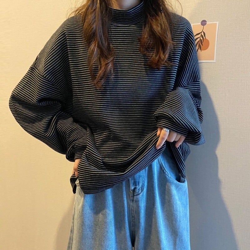 Half-High Collar Loose Striped Thickened Top Outer Wearing Warm Inner Base Shirt Winter Long-Sleeved T-Shirt Women'S Ins - Image 5