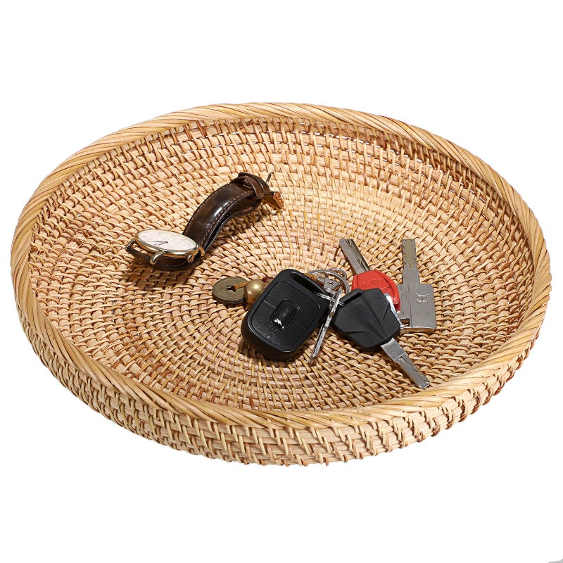 Hipiwe Round Key Basket Bowl for Entryway Table 118 Large Rattan Tray Decorative Ottoman Trays Centerpiece for Coffee Table HandWoven Fruit Basket Wicker Serving Trays - Image 2