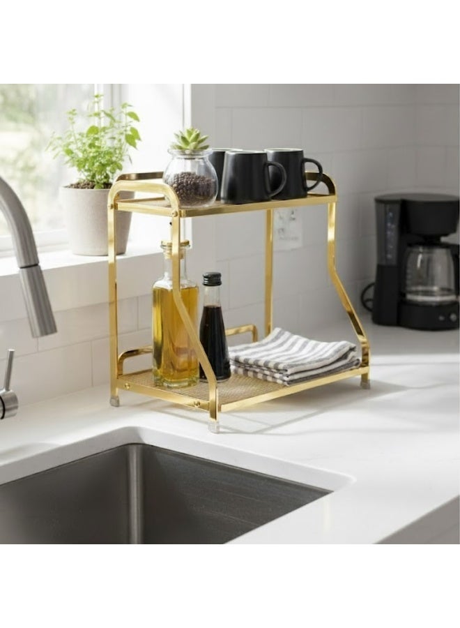 طلال رف منظم معدني ذهبي من طبقتين - رف تخزين متعدد الاستخدامات للمطبخ والحمام والغرفة | إطار معدني متين مقاوم للصدأ، قاعدة مانعة للانزلاق، تصميم أنيق للمنزل والمكتب - Image 4