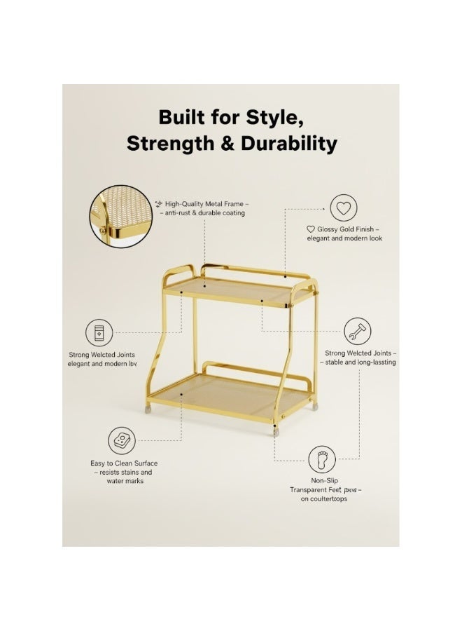 طلال رف منظم معدني ذهبي من طبقتين - رف تخزين متعدد الاستخدامات للمطبخ والحمام والغرفة | إطار معدني متين مقاوم للصدأ، قاعدة مانعة للانزلاق، تصميم أنيق للمنزل والمكتب - Image 2