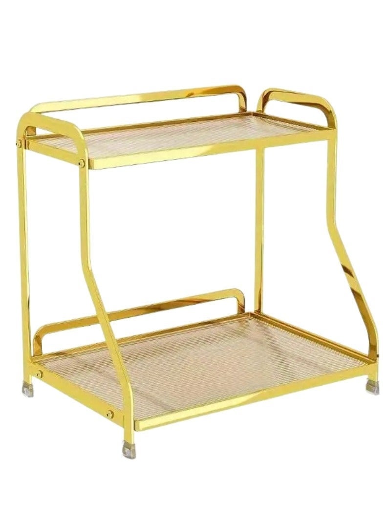 طلال رف منظم معدني ذهبي من طبقتين - رف تخزين متعدد الاستخدامات للمطبخ والحمام والغرفة | إطار معدني متين مقاوم للصدأ، قاعدة مانعة للانزلاق، تصميم أنيق للمنزل والمكتب - Image 1