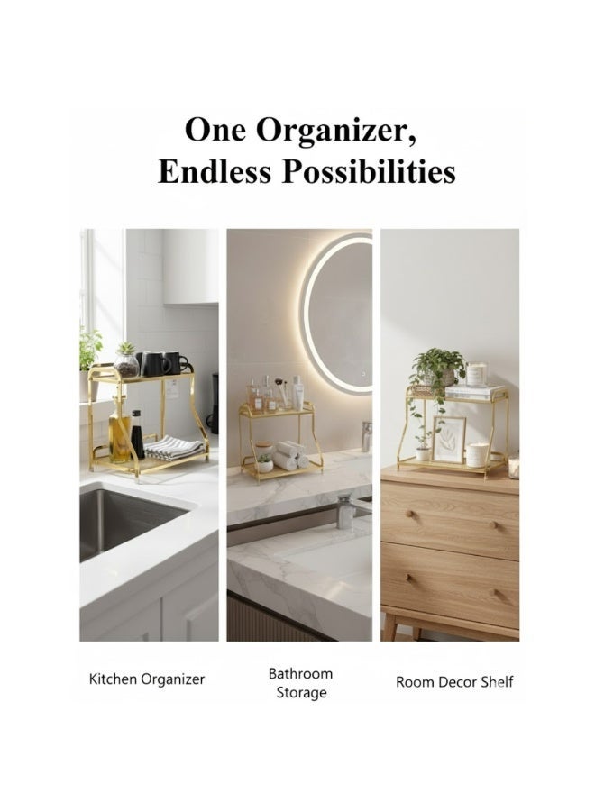 طلال رف منظم معدني ذهبي من طبقتين - رف تخزين متعدد الاستخدامات للمطبخ والحمام والغرفة | إطار معدني متين مقاوم للصدأ، قاعدة مانعة للانزلاق، تصميم أنيق للمنزل والمكتب - Image 5