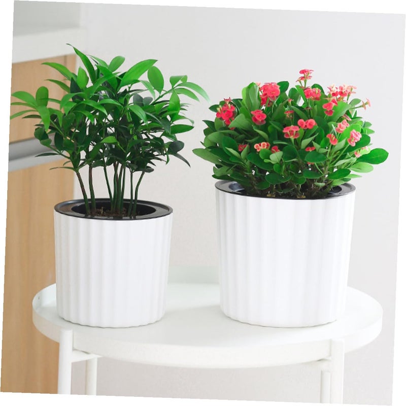 Self Watering Planters Set of 2 White Resin Round Flower Pots for Indoor Plants Home Office - Image 5