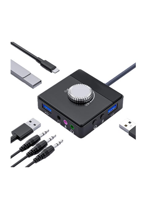 Max External Sound Card, USB Audio Adapter Fit for PC Windows, Mac, Linux, Laptops, Desktops, Stereo Sound Card with 3.5mm Interface & USB Interface, Volume Control, Plug & Play (6-in-1, Black)