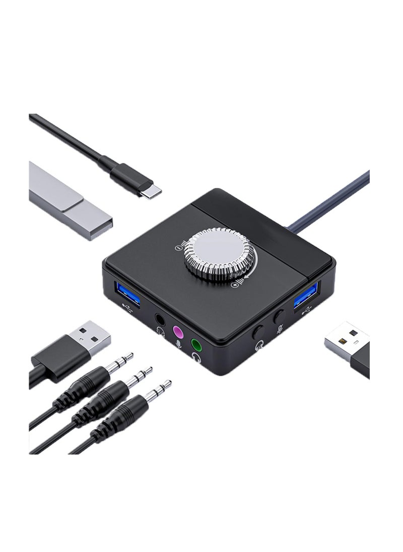 SYOSI - Max External Sound Card, USB Audio Adapter Fit for PC Windows, Mac, Linux, Laptops, Desktops, Stereo Sound Card with 3.5mm Interface & USB Interface, Volume Control, Plug & Play (6-in-1, Black) - Image 1
