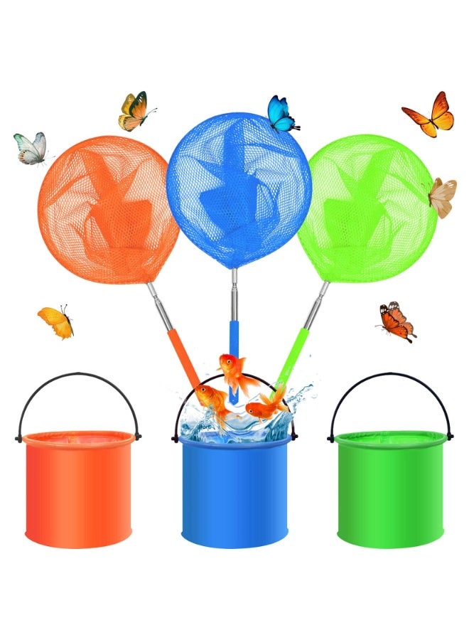 OSHIMA 6 Pcs Butterfly Nets Set, Extendable Butterfly Fishing Net, Children's Bug Discovery Kit with Bucket, Suitable for Children in Outdoor Garden Activities (Orange+Green+Blue) - Image 1