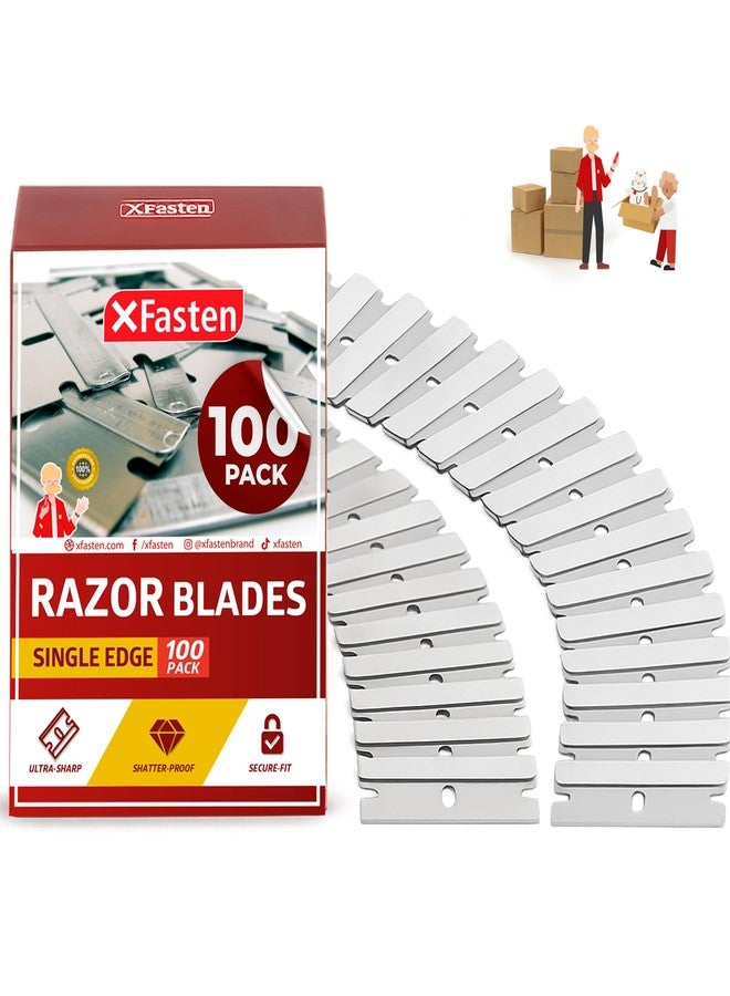 إكس فاستين شفرات حلاقة XFasten ذات الحافة الواحدة للكشط (عبوة من 100 شفرة) مكشطة شفرة حلاقة مسطحة شديدة التحمل لقطع الصناديق، عبوة إعادة تعبئة مكشطة طلاء بديلة من الفولاذ الكربوني العالي المستقيم لقطع الصناديق متعددة الاستخدامات - Image 1