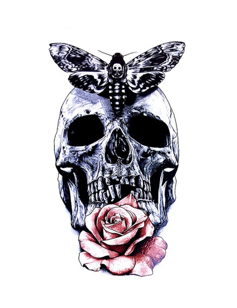 S.A.V.I Temporary Tattoo For Girls Men Women 3D Skulls & Roses Sticker Size 21x15CM - 1PC. Black - Image 1