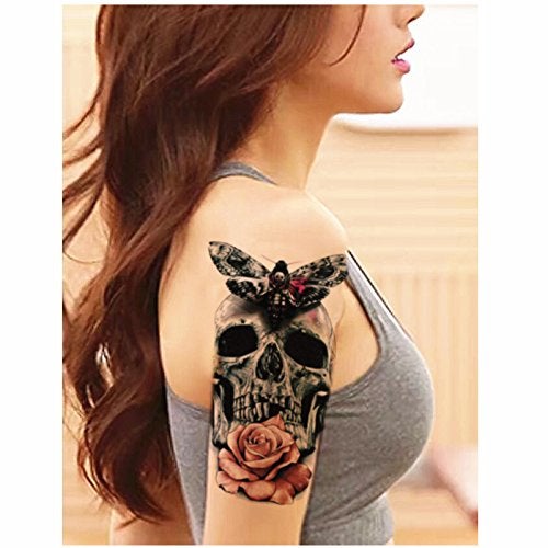 S.A.V.I Temporary Tattoo For Girls Men Women 3D Skulls & Roses Sticker Size 21x15CM - 1PC. Black - Image 2