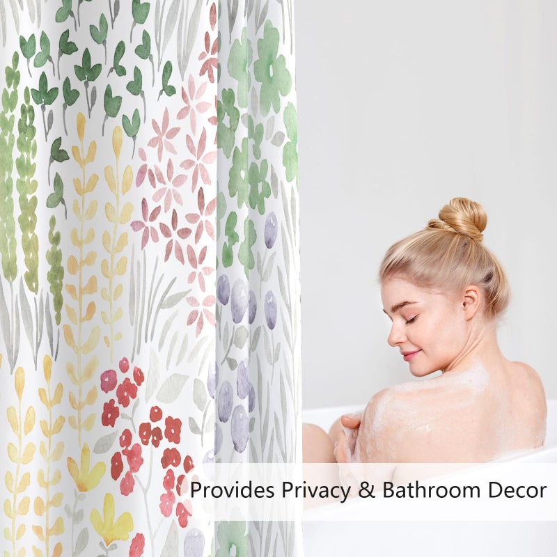 MAYZUS Cute Floral Shower Curtain 60x72  Sage Green Boho Flower Fabric Shower Curtain  Funky Watercolor Wildflower Shower Curtain Set  Cottagecore Bohemian Bathroom Decor - Image 3