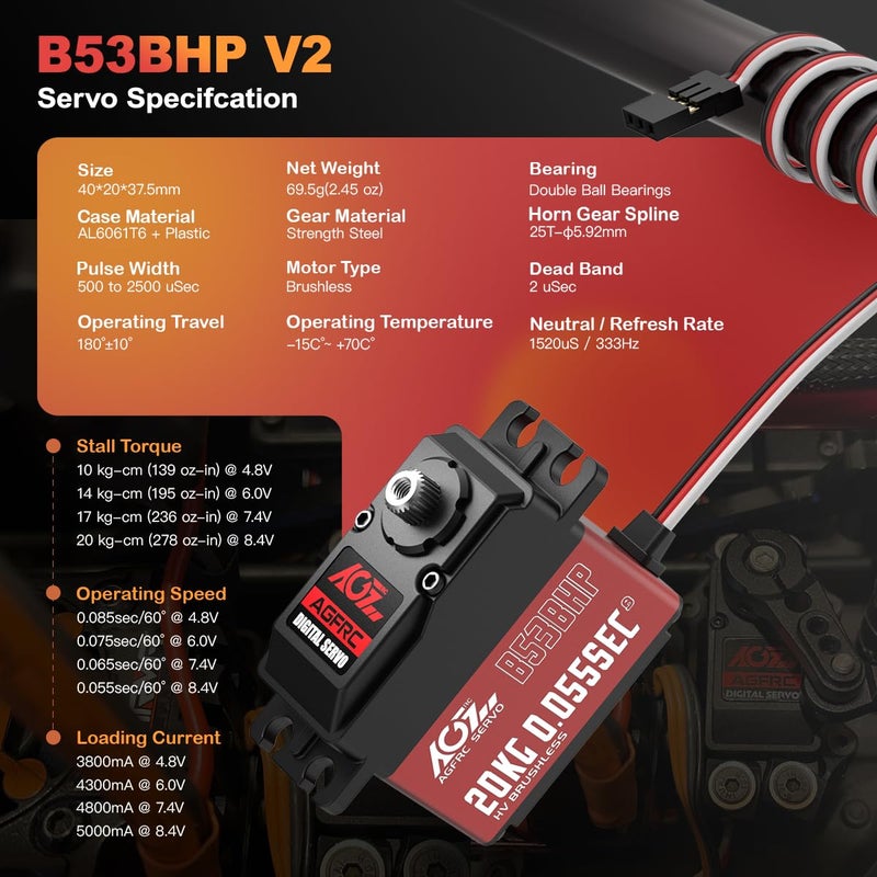 AGFRC HighSpeed Brushless Steering RCServoMotor  0055Sec Upgraded Digital Servo with Metal Gear for 110 RC Car Boat CrawlerB53BHP V2 - Image 3