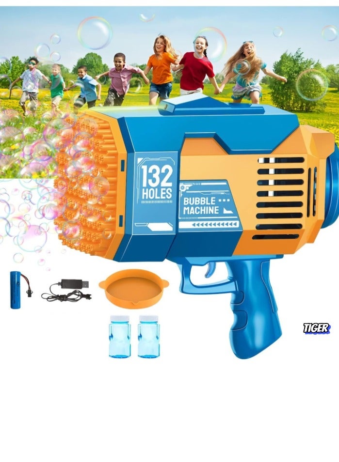 TIGER 132-Hole Gatling Bubble Gun with Colorful LED Lights | Electric Bubble Launcher with Bubble Liquid for Kids & Adults, Perfect for Outdoor & Indoor Parties, Weddings, and Gardens - Blue - Image 1
