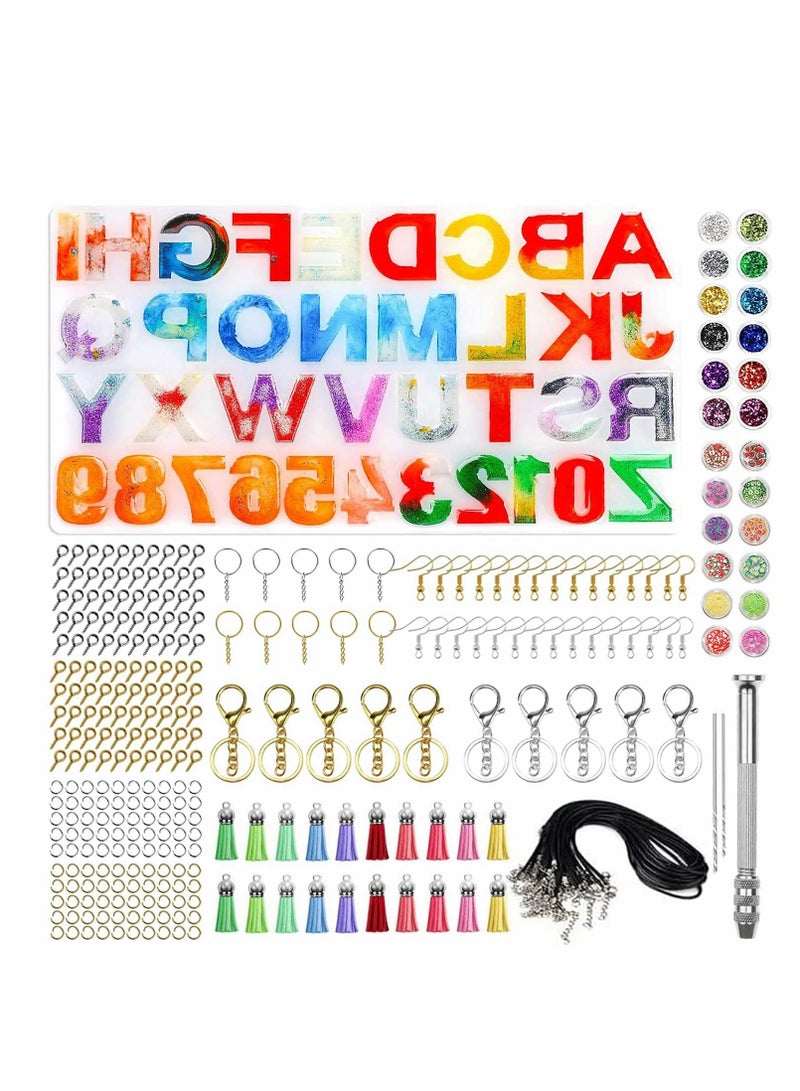 Excefore Alphabet Resin Casting Mold, Reversed Letter & Number Epoxy Casting Mold Set Jewelry Molds for Resin Casting with Keychain Tassels and Pin Vise Set - Image 1
