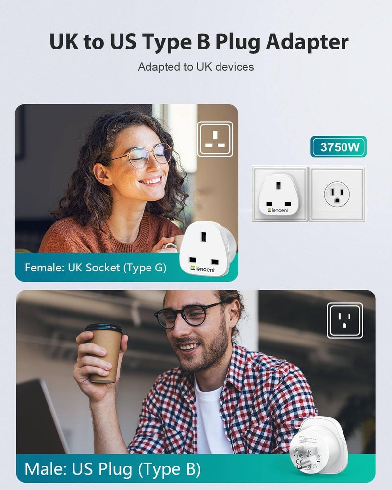Lencent UK to US America Plug Adapter, 2 Pack Grounded USA Visitors Travel Converter, Converts All Type G Plugs from United Kingdom UK Singapore Malaysia UAE Ireland Malta Hongkong and etc. (Type B) - Image 2