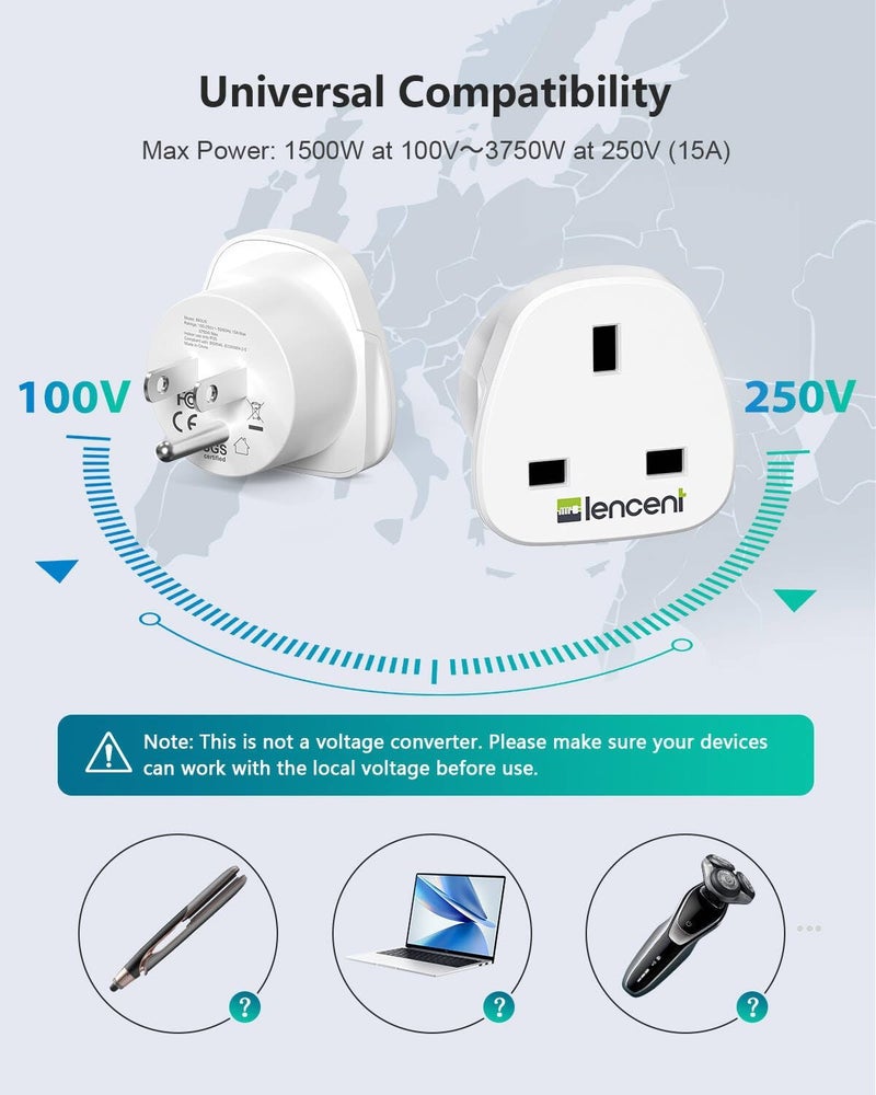 Lencent UK to US America Plug Adapter, 2 Pack Grounded USA Visitors Travel Converter, Converts All Type G Plugs from United Kingdom UK Singapore Malaysia UAE Ireland Malta Hongkong and etc. (Type B) - Image 3