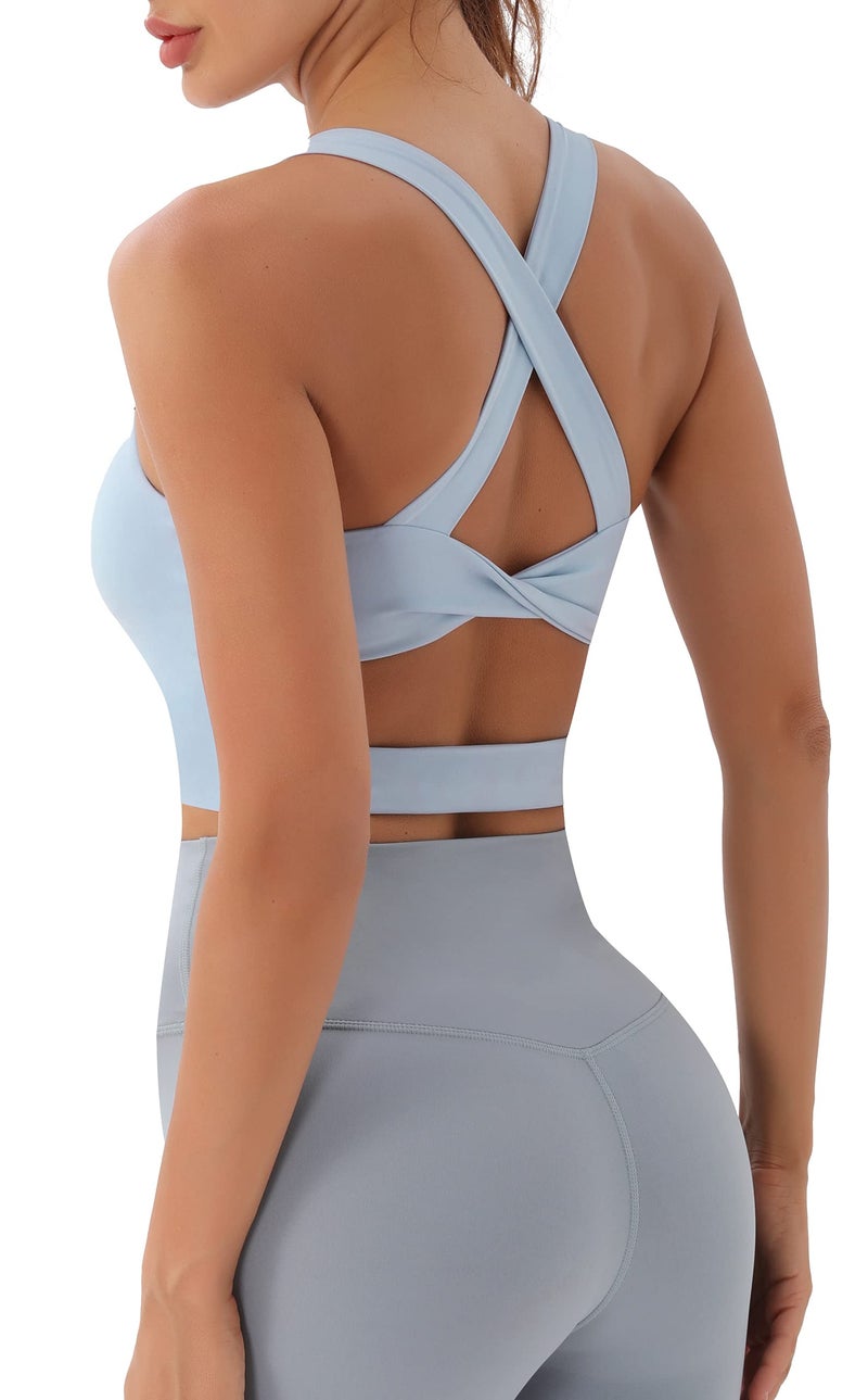 JOYSPELS Sports Bras for Women Extra Comfort Criss-Cross Back Padded Workout Tops for Women Medium Support Light Blue - Image 4