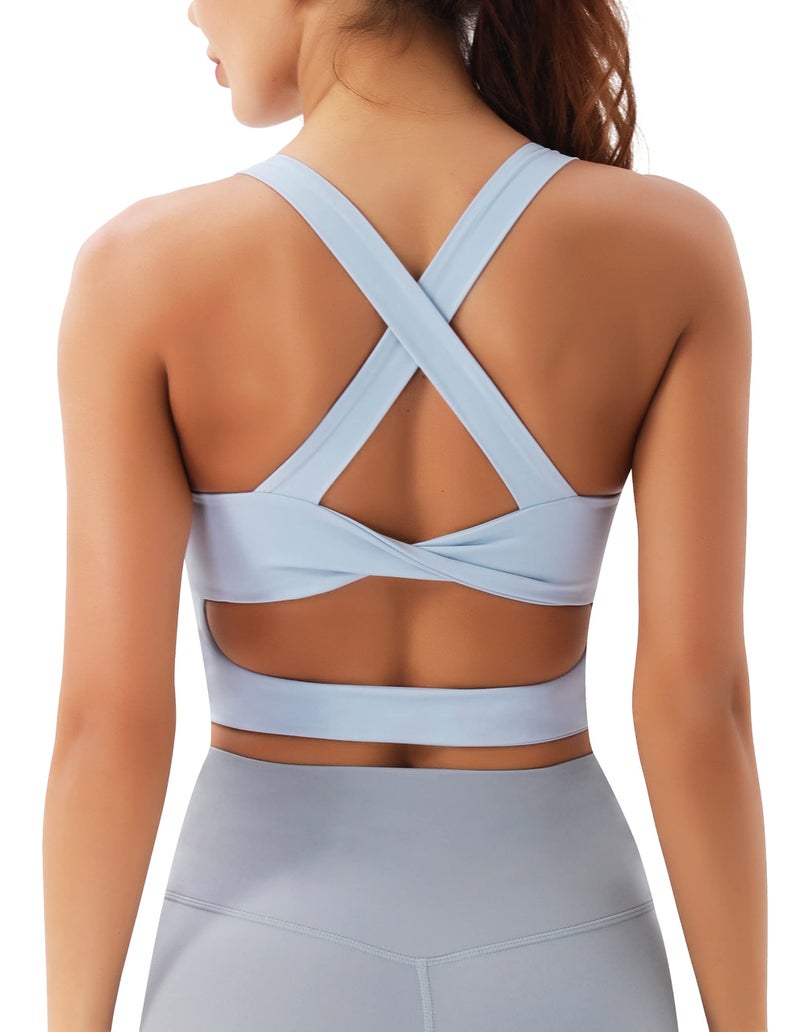 JOYSPELS Sports Bras for Women Extra Comfort Criss-Cross Back Padded Workout Tops for Women Medium Support Light Blue - Image 1