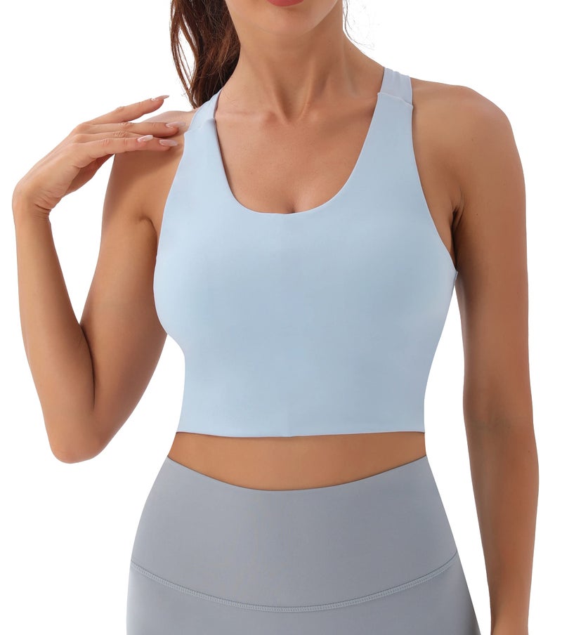JOYSPELS Sports Bras for Women Extra Comfort Criss-Cross Back Padded Workout Tops for Women Medium Support Light Blue - Image 2