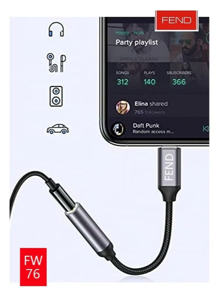 FEND FW76 Lightning to 3.5mm Audio Cable || Premium Braided Adapter for High-Quality Sound || Universal Compatibility | Durable & Tangle-Free | 10CM Compact Design for Easy Portability - Image 5