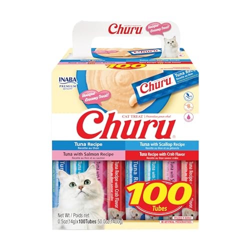 INABA Churu Cat Treats, Lickable, Squeezable Creamy Purée with Vitamin E, 0.5 Ounces per Tube, 100 Tubes Total, Tuna Variety - Image 1